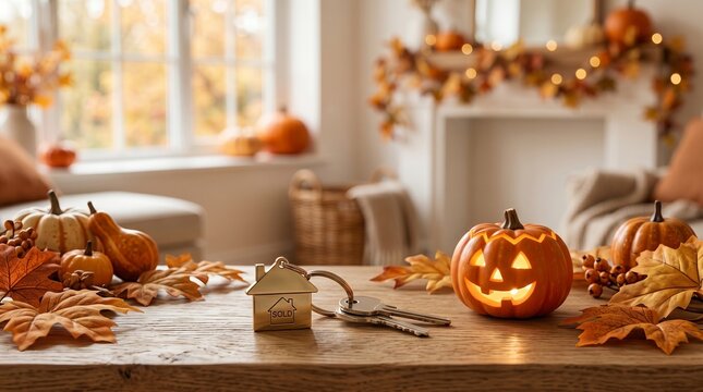 House key with sold keychain on table with carved pumpkin and maple leaf. Autumn real estate concept. Moving into new home during Halloween season. Property purchase celebration event