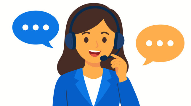 Friendly female customer service representative wearing headset, speaking into microphone, surrounded by blue and orange speech bubbles, vector illustration on white background
