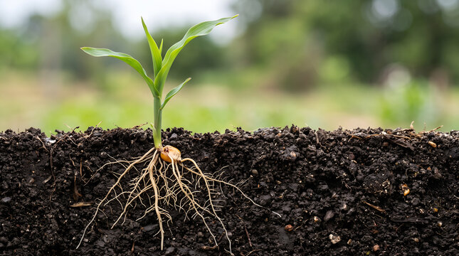 Cross-sectional illustration-style photograph of a corn seedling and underground roots, suitable for agriculture, education, biotechnology, and scientific communication.