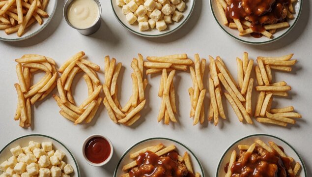 Table plates french fries arranged shape word double center golden brown appear freshly cooked left side there
