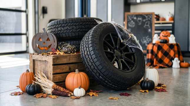 Car tires decorated for Halloween in auto shop. Pumpkin, cobweb and autumn leaf arrangement with tire stack. Creative festive seasonal display for garage business promotion