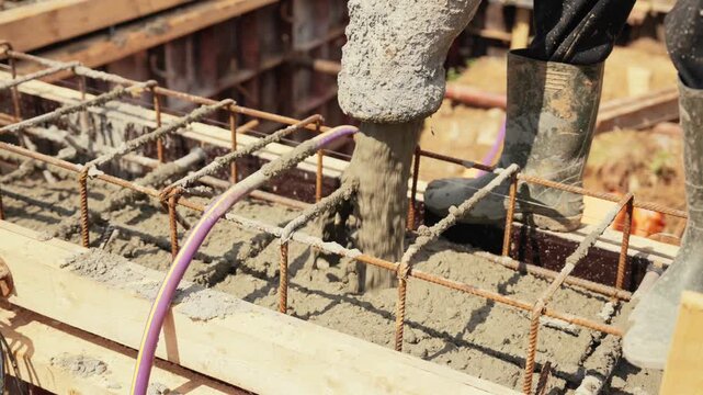 Construction workers pouring liquid cement into a reinforced concrete foundation with a pump hose on a building site, creating a solid base for a new house in slow motion