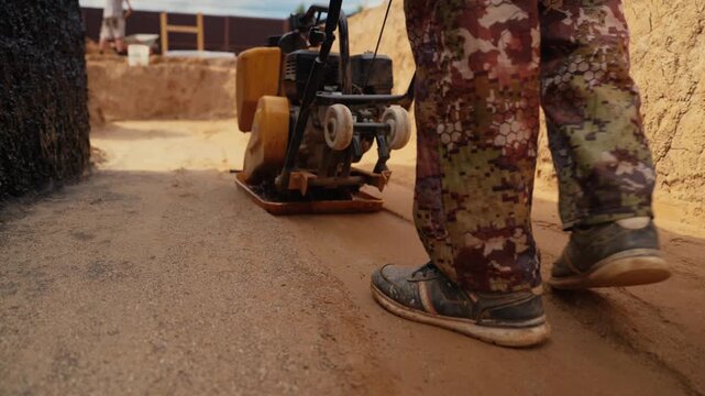 Construction worker in camouflage pants tamping sand with a vibrating plate compactor. A professional preparing the ground for foundation work on a construction site using heavy duty equipment