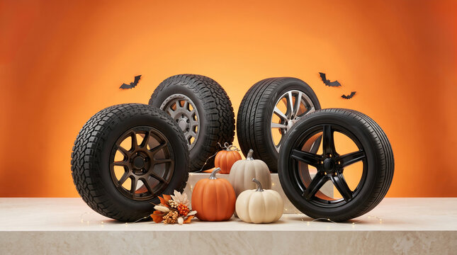 Car tires with alloy wheels and pumpkins on orange background. Autumn seasonal tire change concept for vehicles. Automotive maintenance promotion for Halloween holiday sale event