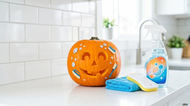 Carved pumpkin with cleaning supplies on kitchen counter. Jack o lantern prepared for deep home wash. Seasonal autumn holiday mess and domestic spring cleaning housekeeping concept