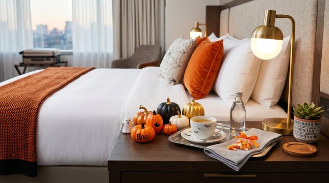 Halloween hotel bedroom decorated with small pumpkins and ghost figure on nightstand. Cozy festive room interior with orange pillows and candy. Seasonal autumn travel celebration concept