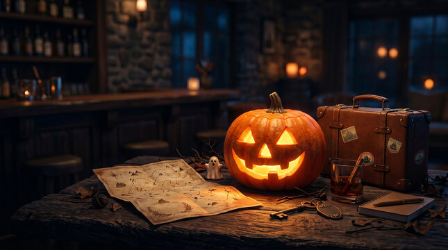 Glowing jack-o-lantern on a wooden table with a treasure map, vintage suitcase, and a glass of whiskey. Halloween travel adventure concept for autumn vacation holiday celebration