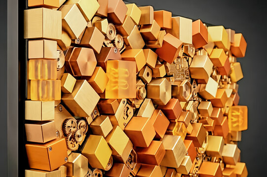 Abstract steampunk mechanical relief with golden cubes and gears
