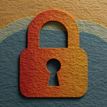 Orange paper cutout padlock icon with wavy layered background, 오렌지 종이 질감 자물쇠 아이콘 사이버 보안 배경