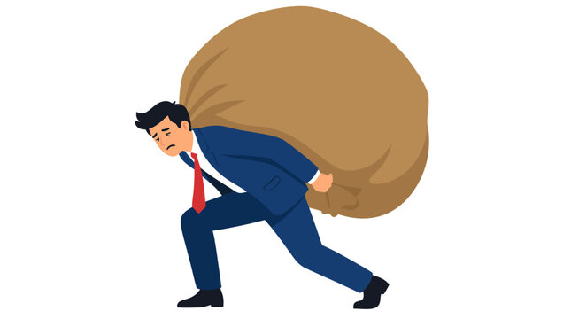Stressed businessman struggling under oversized heavy sack on his back, flat vector illustration depicting business burden, financial pressure, and corporate workload concept