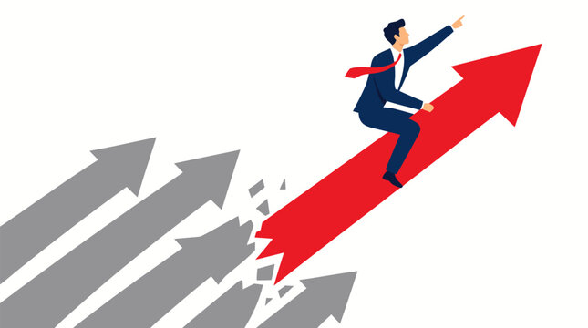 Businessman in suit riding large red arrow breaking away from group of gray arrows, innovation and leadership concept, competitive advantage and market dominance vector illustration