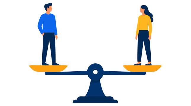 Man and woman in perfect balance on opposite sides of a scale, gender equality concept, bold flat colors, vector illustration, flat design, equality, fairness, social balance
