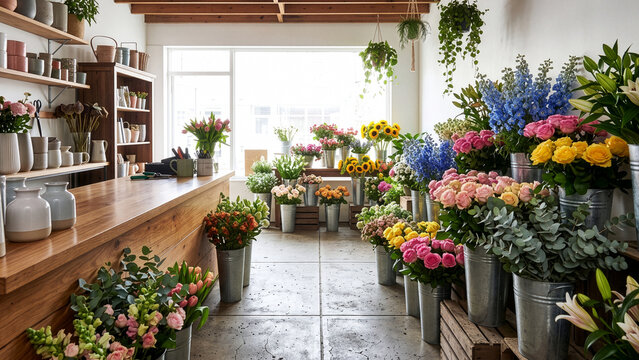 Bright modern florist shop interior with colorful cut flowers in buckets and wooden counter