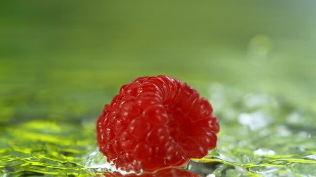 Super Slow Motion Shot of Fresh Raspberry Falling into Water and Making Splash at 1000fps.