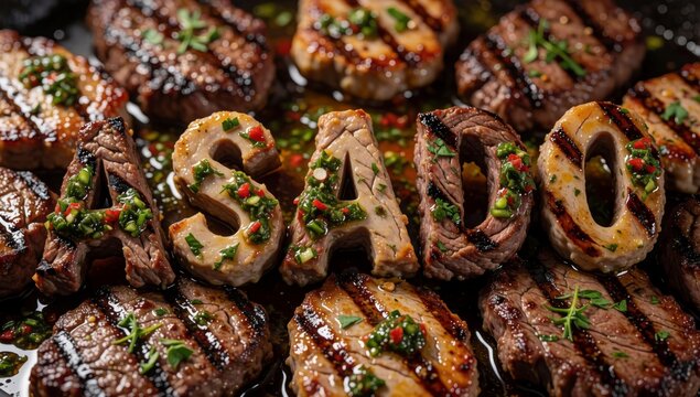 Close-up plate grilled meat appears medium-rare dark brown color marbled texture arranged circular pattern eac