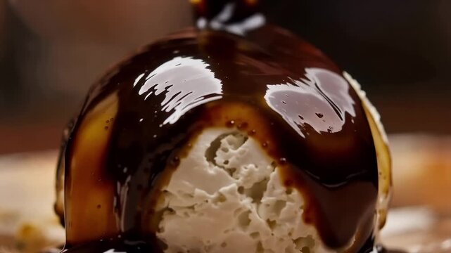 Delicious Chocolate Syrup Drizzling Over a Scoop of Vanilla Ice Cream in Slow Motion.
