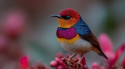 Fototapeta premium Vibrant colors burst forth in a stunning close-up of a colorful bird perched delicately on a