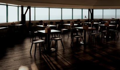 Fotobehang Horeca The image captures a tranquil cafe interior with empty tables and an expansive ocean view through large windows, highlighting serene ambiance and natural light.  © Veronique