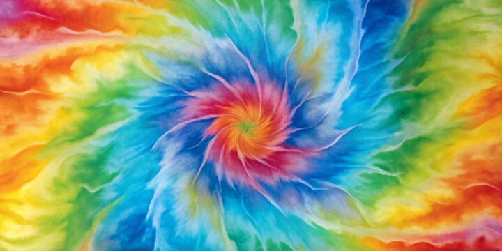 Tie dye spiral background, rainbow swirl texture, colorful hippie pattern