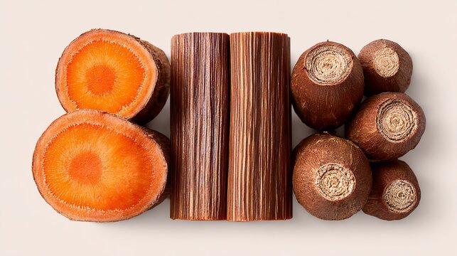 Vibrant cross-sections of carrots, burdock roots, and chocolate sticks displayed artistically