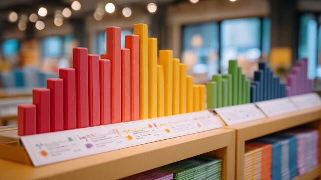 Vibrant display of colorful blocks arranged like a data chart in retail setting demonstrating