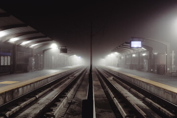 An atmospheric train station shrouded in dense fog, showcasing empty platforms and dim lighting, creating a mysterious and serene travel experience. © Veronique