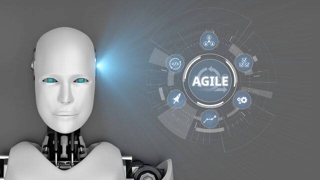 A sleek robot face with blue eyes stands against a digital backdrop, emphasizing agile methodologies and innovative technology for streamlined processes and solutions. Synapse
