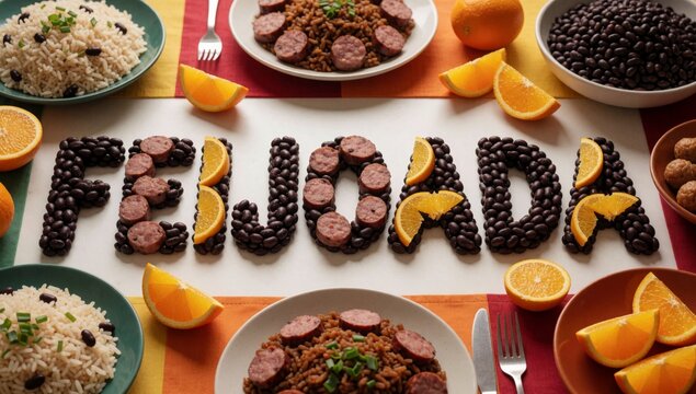 Table variety food items arranged shape word feud center made small black beans circular pattern sausage orang