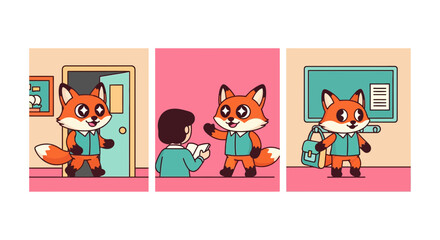 Fototapeta premium Cute Cartoon Fox Character Arriving at School Illustration