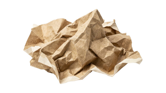 A crumpled brown paper ball isolated on a white background, captured in a clean studio shot with a minimalist and textured aesthetic.