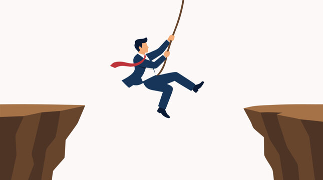 Businessman in suit swinging on rope over cliff gap, risk-taking metaphor vector illustration, flat style figure in tie leaping between two rocky cliffs on white background