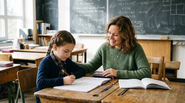 Caring female teacher leaning toward focused young student at wooden classroom desk with open books, blackboard math equations, warm natural lighting, mentorship education concept
