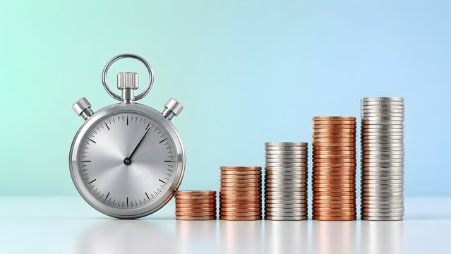 Silver stopwatch timer next to growing stacks of coins representing time is money investment growth and financial savings strategy