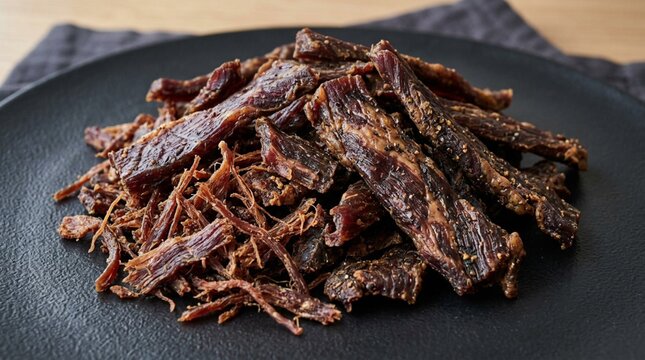 Pile of savory beef jerky strips and shredded dried meat arranged in a heap on a matte black slate surface, rich dark brown color, close-up food photography