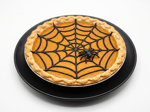 Halloween Pumpkin Pie with Chocolate Spiderweb and Edible Spider on White Background