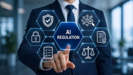 Fototapeta premium Businessman interacting with digital holographic dashboard showing AI regulation compliance security and legal justice icons
