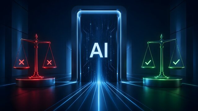 Futuristic AI ethics concept with glowing artificial intelligence text between red negative and green positive scales of justice