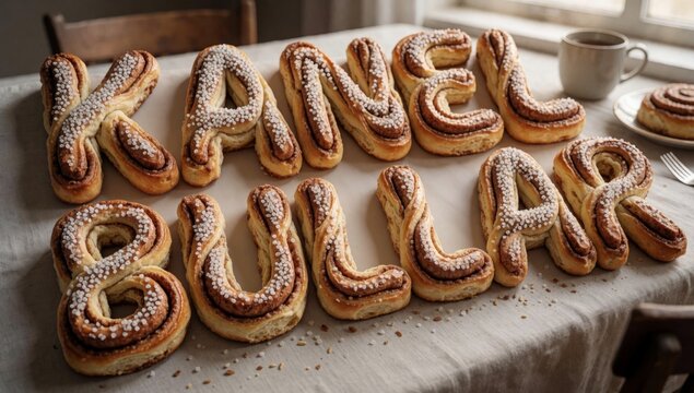 Table covered white tablecloth there several freshly baked cinnamon buns arranged shape word kanel cursive fon