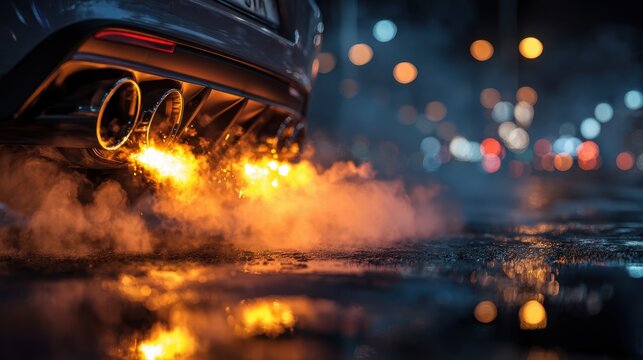 Sports car dual exhaust pipes firing flames at night on wet urban street