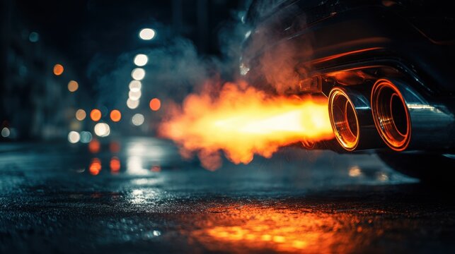 Sports car dual exhaust pipes shooting flames at night on wet street