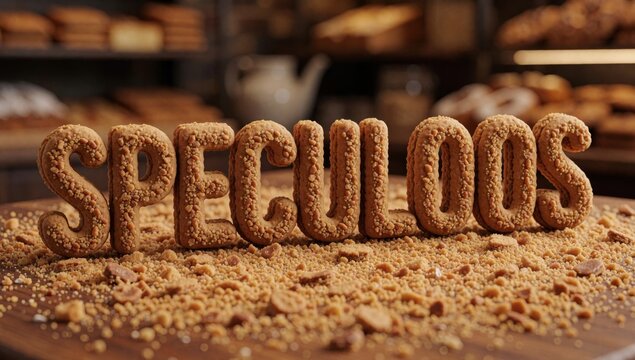 Word speculoos spelled large golden-brown letters wooden surface arranged way form cursive font background blu