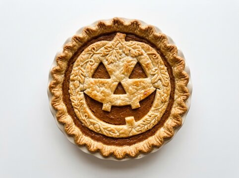 Jack-o'-Lantern Face Halloween Pumpkin Pie Top View on White Background