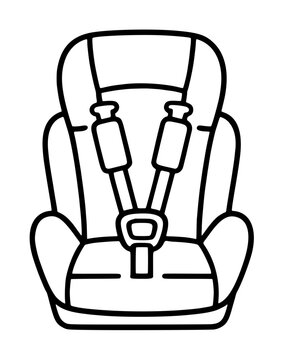Hand-drawn black outline vector icon illustration of a child car safety seat with five-point harness straps, buckle clasp, padded headrest, and contoured bucket design on transparent background