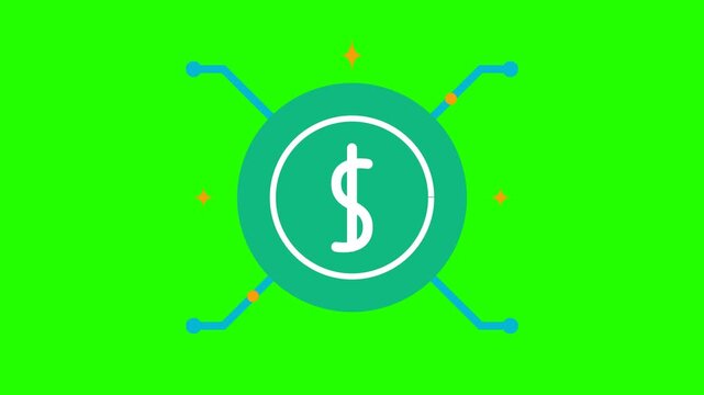 Fintech digital dollar coin icon with electronic circuit nodes isolated on flat green background