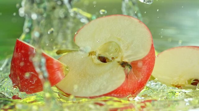 Super Slow Motion Shot of Red Apple Falling into Water and Making Splash at 1000fps.