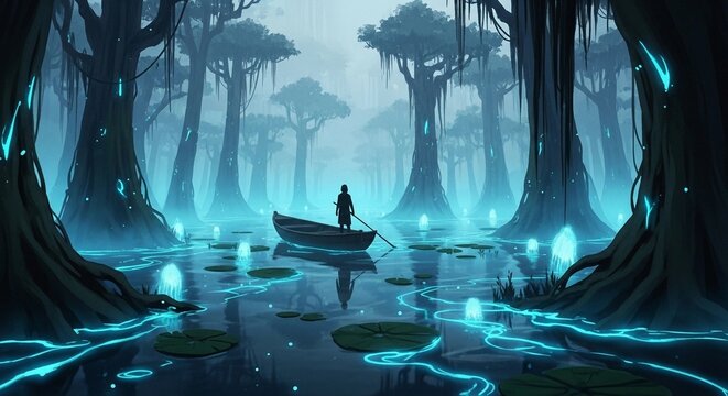 A lone traveler rows a small wooden boat through a mystical, glowing blue swamp forest filled with magic and mystery