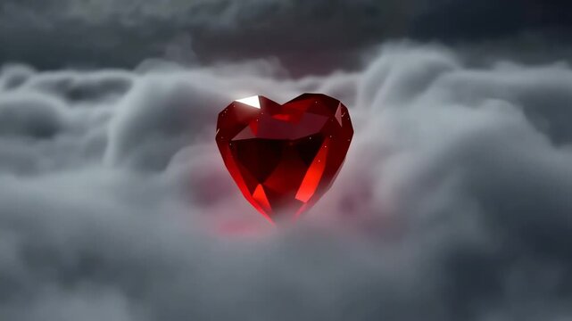 Ruby Heart Gemstone Floating Above Clouds in Dark Sky.
