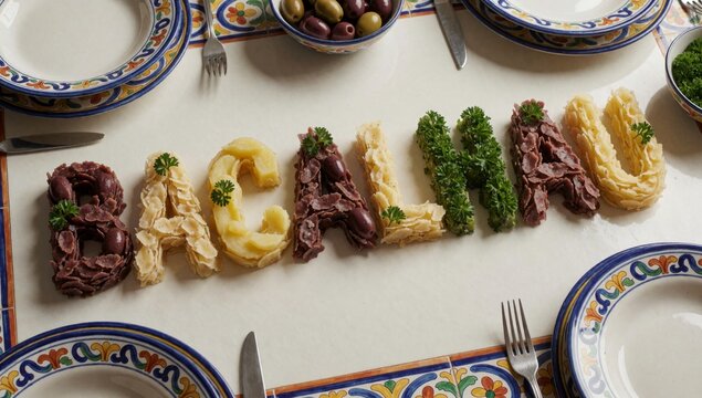 Table white tablecloth colorful plates bowls there several types food arranged shape word bacala capital lette