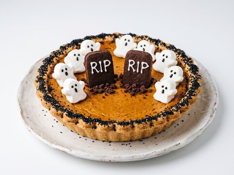 Halloween Cemetery Pumpkin Pie with Marshmallow Ghosts and Cookie Tombstones on White