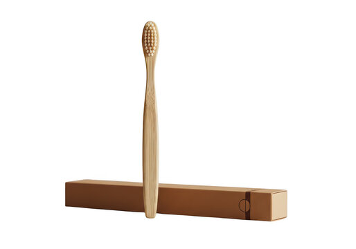Bamboo toothbrush and holder on wooden surface isolated on transparent background